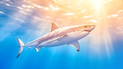Fototapeta premium Majestic great white shark swims in sunlit ocean