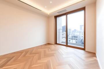 Obraz premium Minimalist room with herringbone hardwood floors, large sliding glass door revealing a city view, and recessed lighting