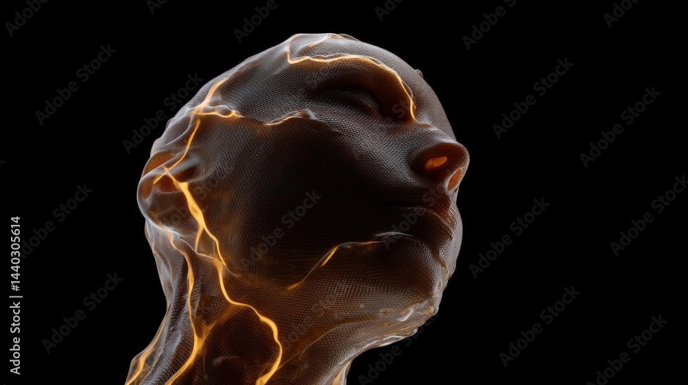 Poster digital art piece that appears to be a 3d rendering of a human head. the head is made up of a series