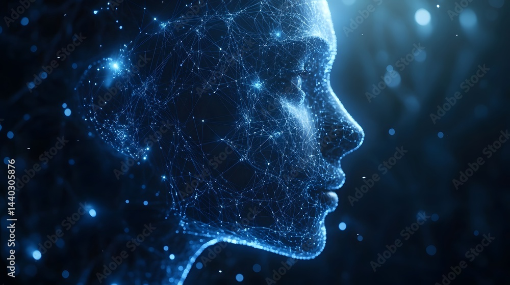 Poster futuristic digital human head, depicted in profile, with blue glowing neural network design. a compl