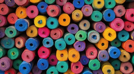 Fototapeta premium Rolled bolts of cotton fabric in vibrant colors arranged in a textile workshop