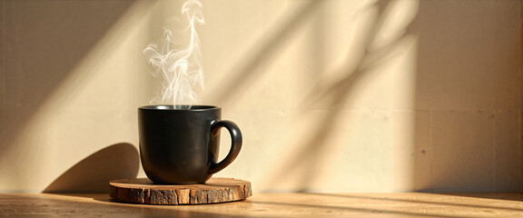 Warm Morning Coffee Steam Rising from Black Mug on Wooden Coaster