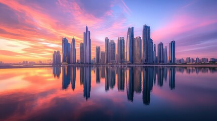 Fototapeta premium Ethereal skyline reflected on serene waters