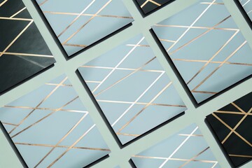 Geometric pattern background with gold lines on glass panels