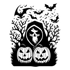 Eerie Halloween Silhouette: Grim Reaper, Jack-o'-Lanterns, and Bats at Midnight