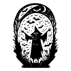 Intricate Halloween Silhouette: Wicked Figure Amidst Bats and Gloomy Landscape