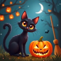 cute black cat pumpkin halloween night