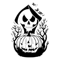 Eerie Halloween illustration featuring a skeletal figure emerging from a pumpkin patch