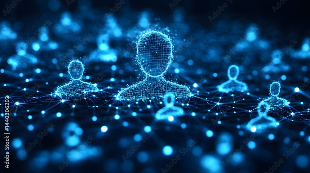 Aufkleber Futuristic representation of social connections. Stylized figures linked by glowing lines create a network. Foreground figures detailed with grid structure. Abstract wireframe in dark blue