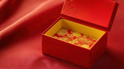 Red gift box, intricately designed with gold accents, open to reveal a lined interior