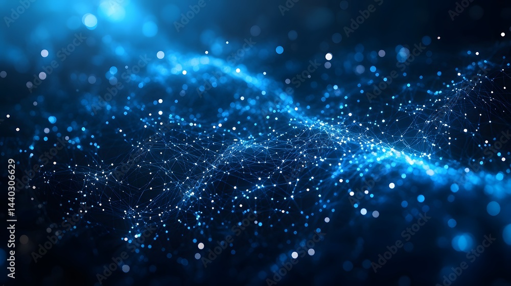 Aufkleber Dynamic network of interconnected nodes and lines create a 3D effect. Bokeh circles add depth, evoking connectivity and technology. Abstract wireframe in dark blue.