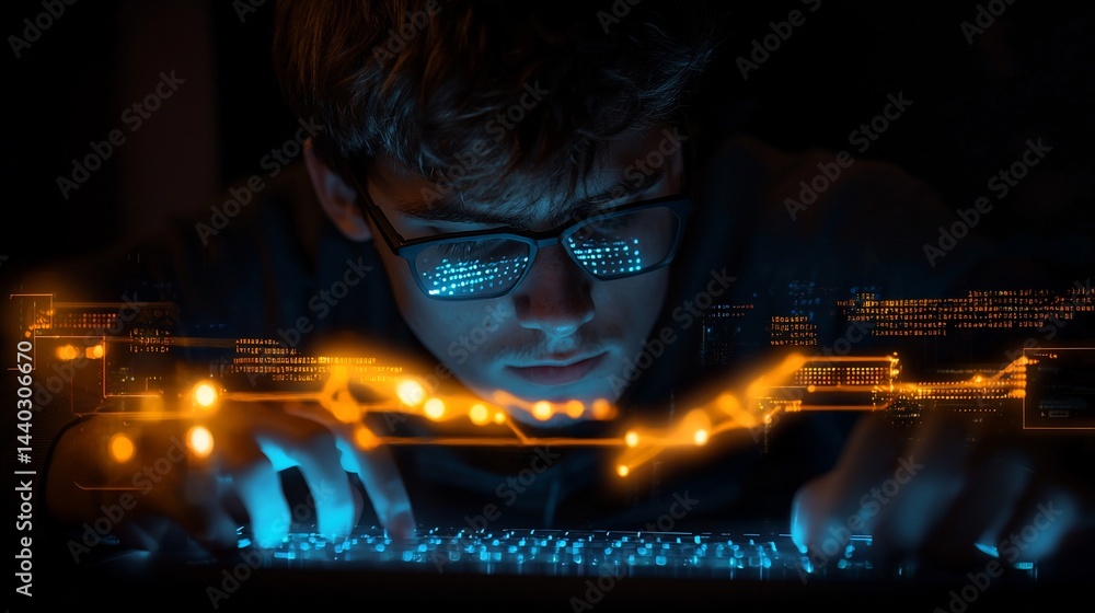 Aufkleber focused programmer at night, illuminated by glowing code
