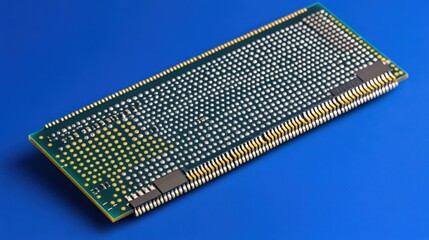 Close-up view of a circuit board showcasing intricate patterns and components on a blue background