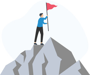 Businessman celebrating reaching the summit by waving a red flag, symbolizing achievement, success, and overcoming challenges in business and career


