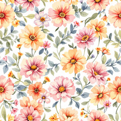 Seamless summer pattern with watercolor flowers handmade.