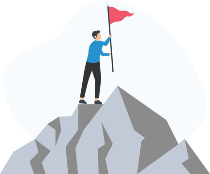 Businessman celebrating reaching the summit by waving a red flag, symbolizing achievement, success, and overcoming challenges in business and career

