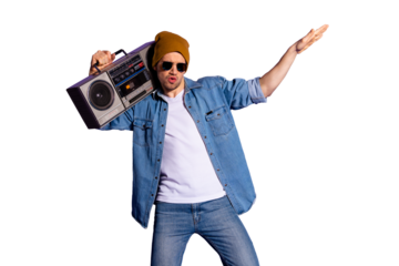 Photo of careless man dancing with loud bass music wearing jeans denim shirt white isolated over purple violet vibrant color background