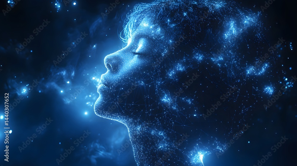 Aufkleber a futuristic representation of human consciousness, depicted as a networked face of light. captures 