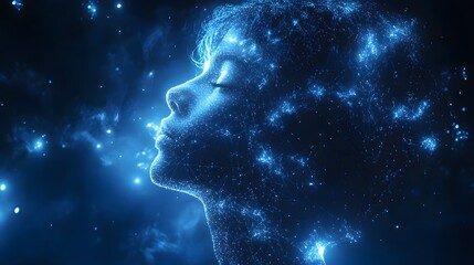 Fototapeta premium A futuristic representation of human consciousness, depicted as a networked face of light. Captures the essence of digital identity and connectivity. Abstract wireframe in dark blue