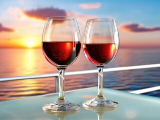 Two glasses of red wine at sunset by the sea.