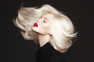 Elegant model showcasing flowing platinum hair and bold red lips against a dark backdrop in a high-fashion pose