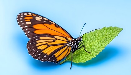 Fototapeta premium Vivid orange and black butterfly perched on a bright green leaf against a pale blue background