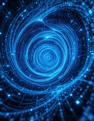 A vibrant blue spiral intricately woven with flowing lines of binary code and scattered dots, creating a dynamic, tech-inspired visual effect.