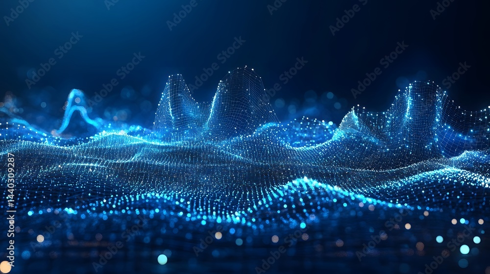 Aufkleber futuristic abstract landscape with a glowing blue wireframe grid resembling a topographical map, set
