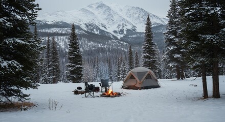 Winter campsite in snowy mountain landscape