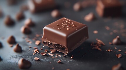 Dark Chocolate Square with Bite on Dark Table with Chocolate Chips Scatter