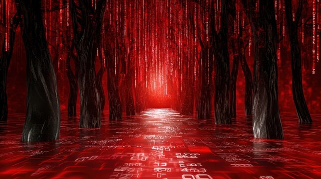 Virtual world concept in red, matrix code raining effect in high contrast digital theme