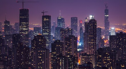 Naklejka premium City Skyline at Night with Glowing Lights and Tall Buildings