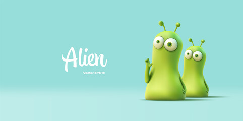 Green aliens greeting, 3D. Friendly monster character. Extraterrestrial life, fantasy, toy. Vector illustration.