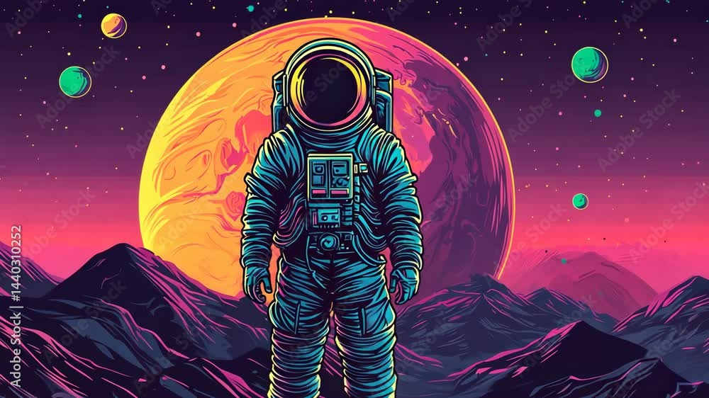 Wall mural cosmic adventure of an astronaut against a colorful planetary backdrop