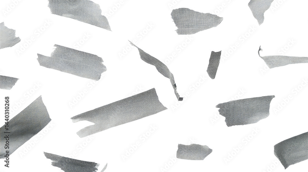 Poster abstract composition of scattered metallic strips and fragments, creating a unique and dynamic visua