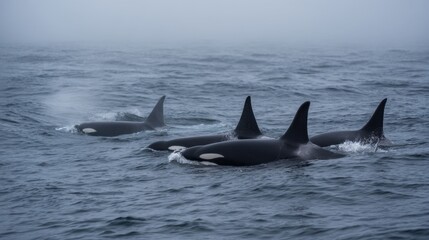 Fototapeta premium Misty Morning Orca Pod: Four Whales Surface in Turbulent Waters