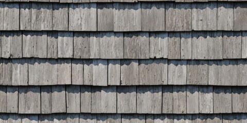 A close-up view of a rustic roof featuring weathered wooden shingles, showcasing intricate textures and natural grain patterns under soft sunlight.