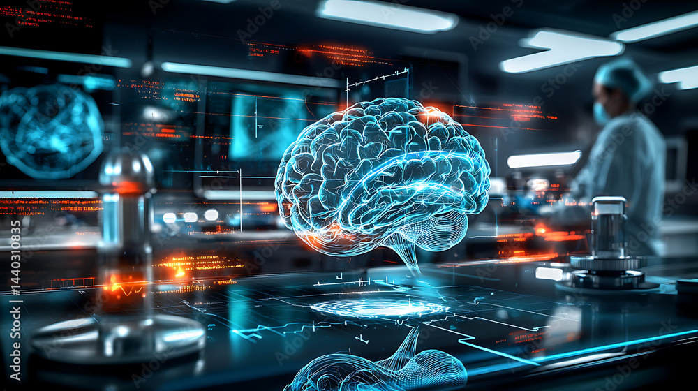 Poster brain research experiments in laboratory digital visualization of neural activity high-tech environm
