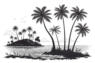 Tropical paradise beach with palm trees at sunset