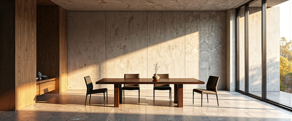 Modern Minimalist Dining Room Interior Design Sunlit Concrete and Wood