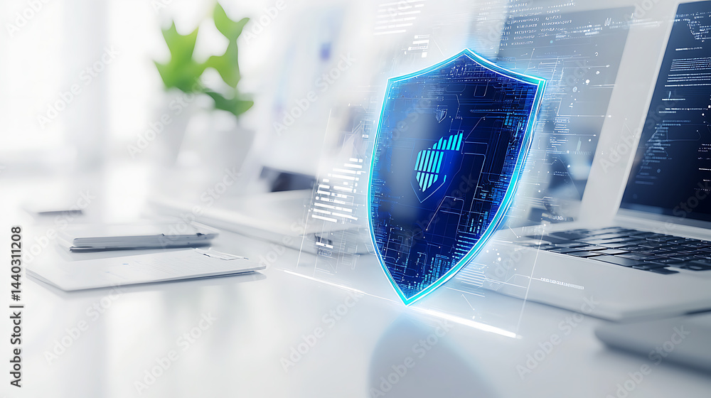 Aufkleber enhancing cybersecurity measures office environment digital shield visualization modern workspace pr