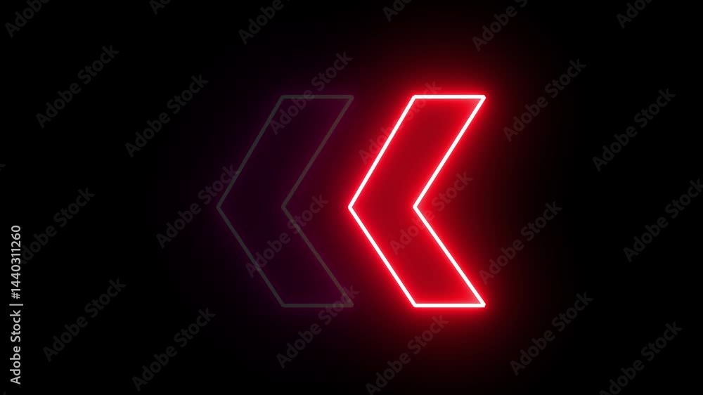 Poster glowing neon red and purple arrow left direction icon. abstract neon flashing light back arrow loadi