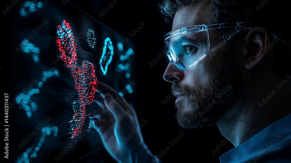 Poster Focused scientist interacts with 3D molecular data visualization on a touch screen