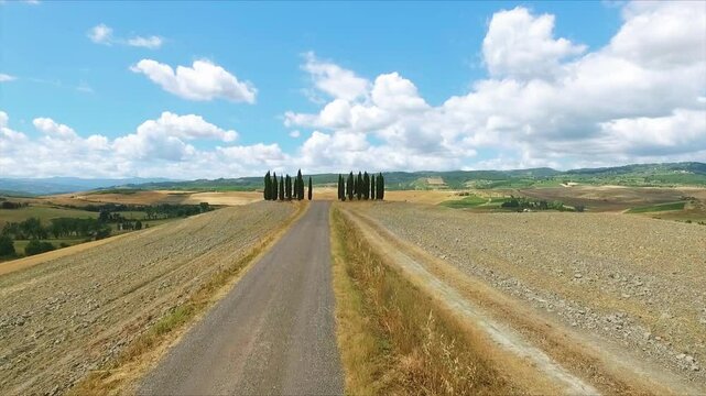 Aerial Drone View Iconic Cypress Trees on Hilltop Winding Road Tuscany Crete Senesi Italy Classic Landscape Symbol Rolling Hills Blue Sky Clouds Warm Summer Day