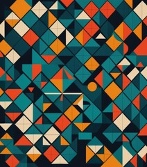 Fototapeta premium A vibrant, geometric pattern featuring an array of colorful squares and triangles in various sizes, creating a lively and dynamic visual effect.