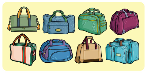 Cool and trendy travel bag cartoon illustration set