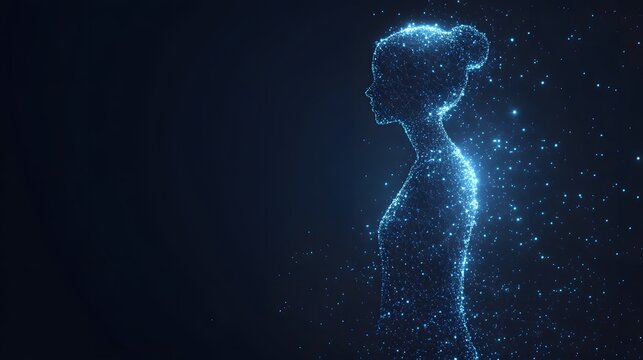 A luminous woman, crafted from connected blue lights, stands in profile against a dark backdrop. This digital representation evokes technology and the human form. Abstract wireframe in dark blue