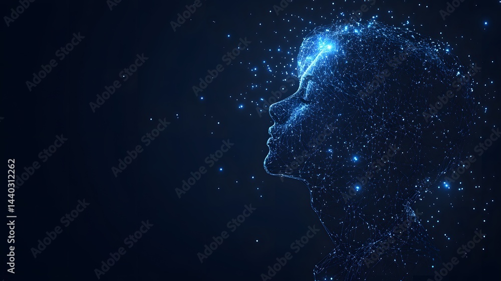 Poster futuristic digital head profile crafted from glowing lines and points against a dark blue backdrop, 
