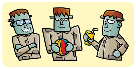 Funny summer Frankenstein cartoon illustration set