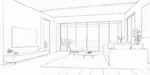 Fototapeta premium A cozy interior scene featuring stylish furniture, including a plush sofa and a wooden coffee table, adorned with vibrant green plants for a fresh ambiance.
